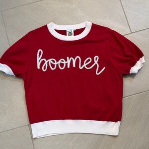 QUEEN OF SPARKLES Red and White 'Boomer' Short Sleeve Sweater